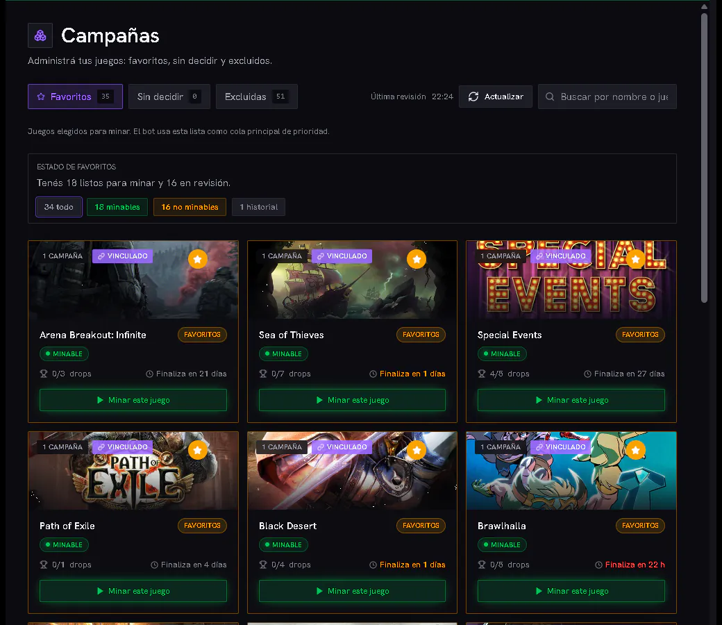 Vista real de Campañas con juegos favoritos, estados minables, cantidad de drops y fechas de finalización