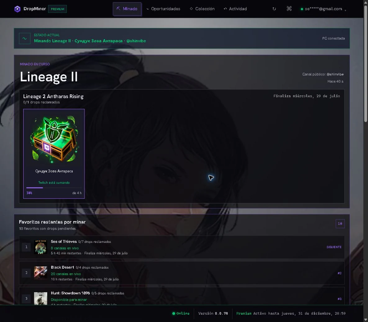 Panel Web real de DropMiner en un navegador, con el minado activo, una recompensa original y la cola de favoritos